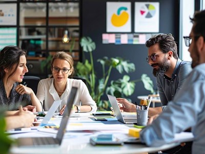 People sat around a desk having a meeting