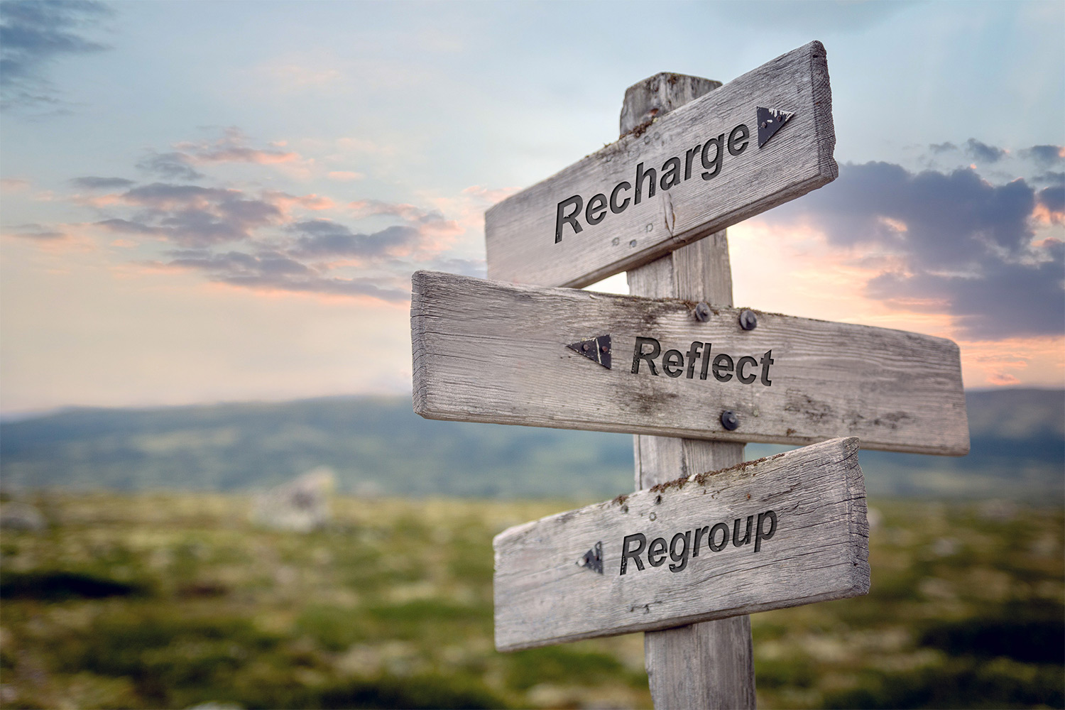 Set of 3 wooden signs on a wooden pole marked with recharge, reflect and regroup