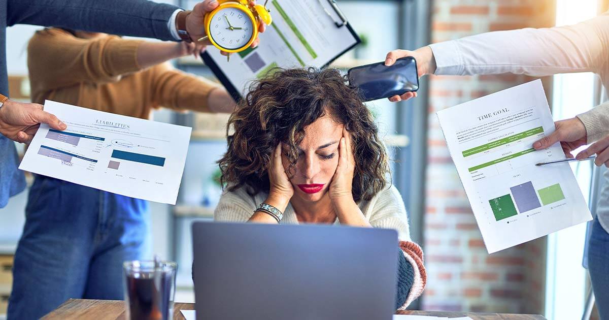 Vector graphic of hands pointing with one finger at a girl covering her face with her hand, her blue hair flowing out and covering the right side of the image.