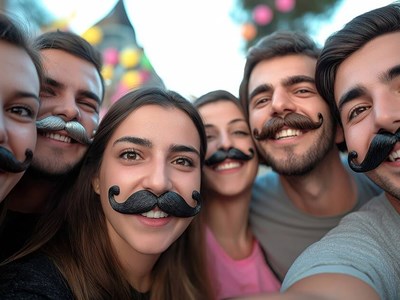 A group of six friends having fun wearing fake moustaches.