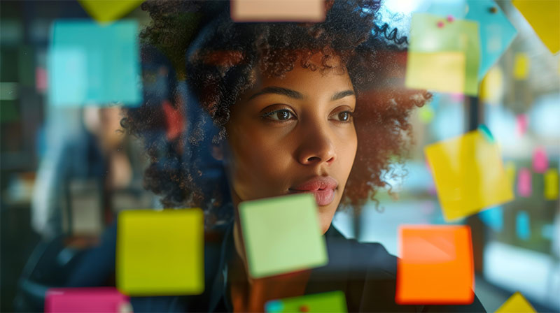 woman standing by window covered with colourful Post-it notes