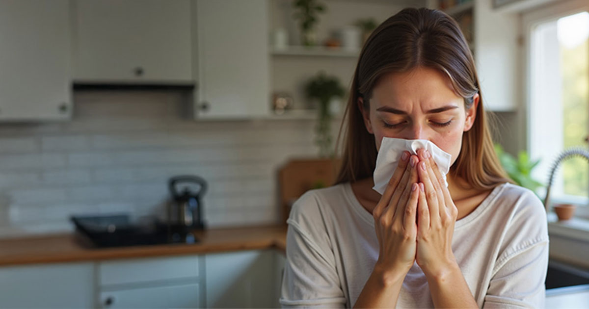Woman sneezing into tissue in bright kitchen
