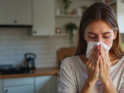 Woman sneezing into tissue in bright kitchen